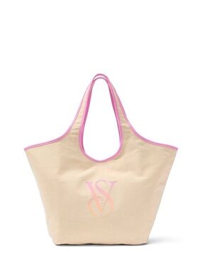 Victoria's Secret Beige Canvas Tote with Pink Trim and Logo